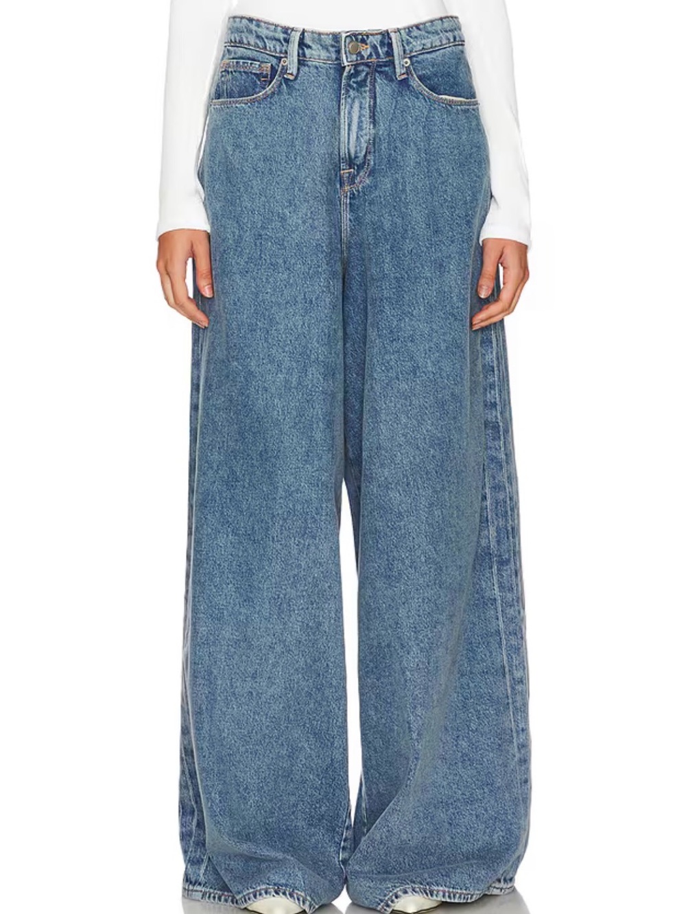 Good American Wide Leg Flare Jeans in Medium Blue